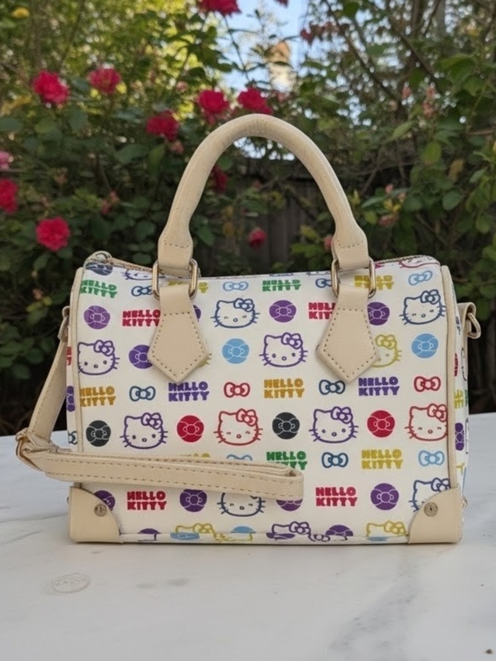 Hello Kitty Multicolor Mini Crossbody Bag w/Metal Feet Beige Trim Sanrio Gift - Picture 2 of 8